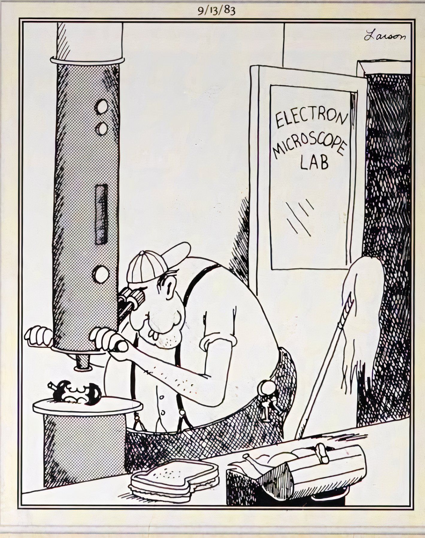 Far Side, September 13, 1983, a man looks at a half-eaten apple under a powerful microscope