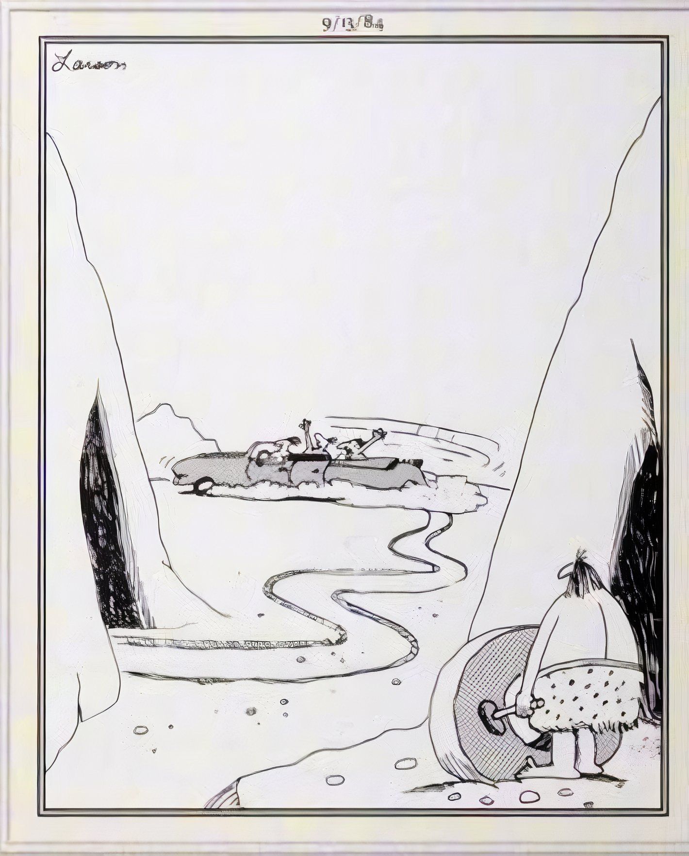 Far Side, September 13, 1984, caveman watching others joyride in a convertible