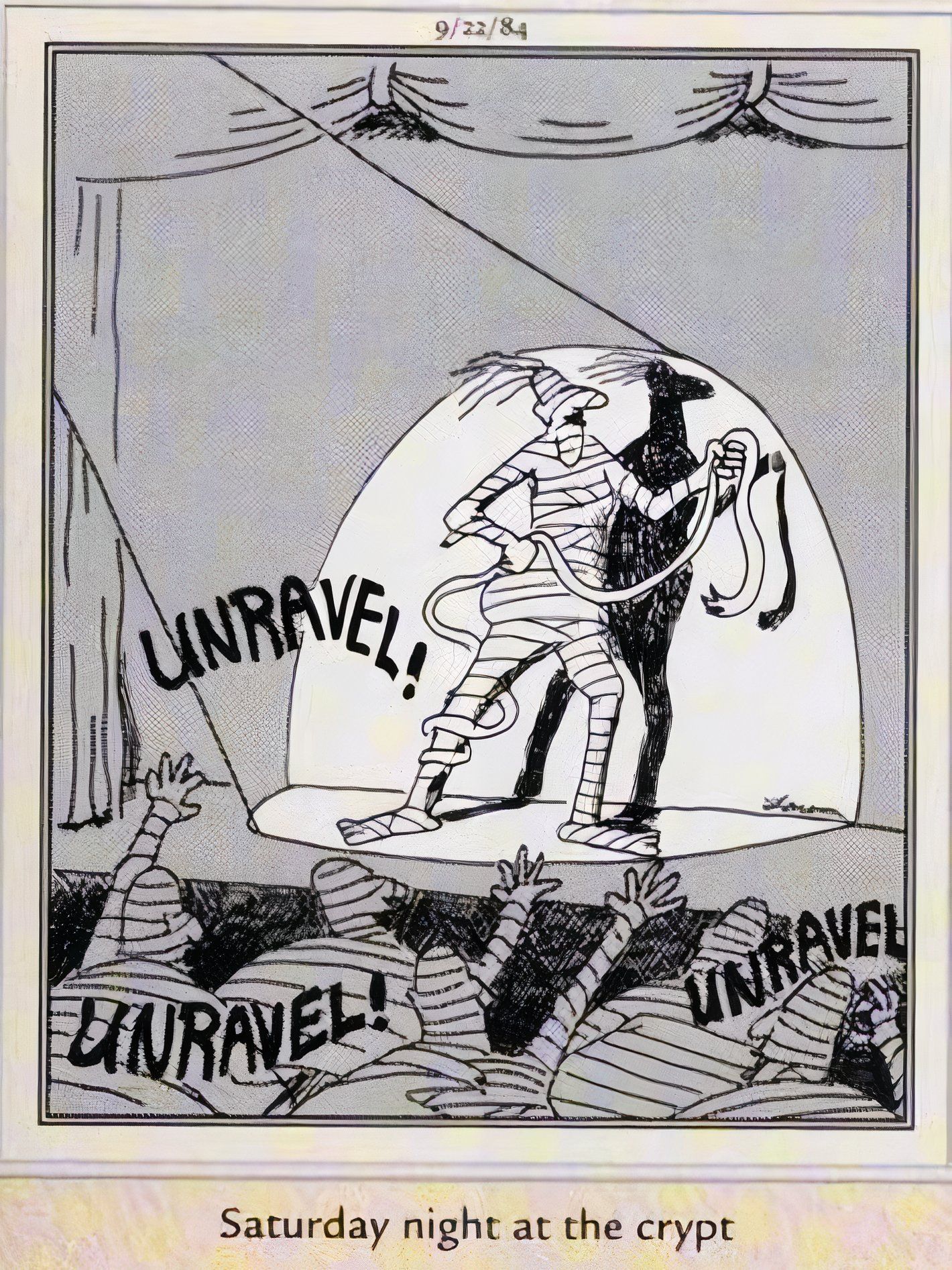 Far Side, September 22, 1984, mummy audience yelling at mummy on stage to unravel