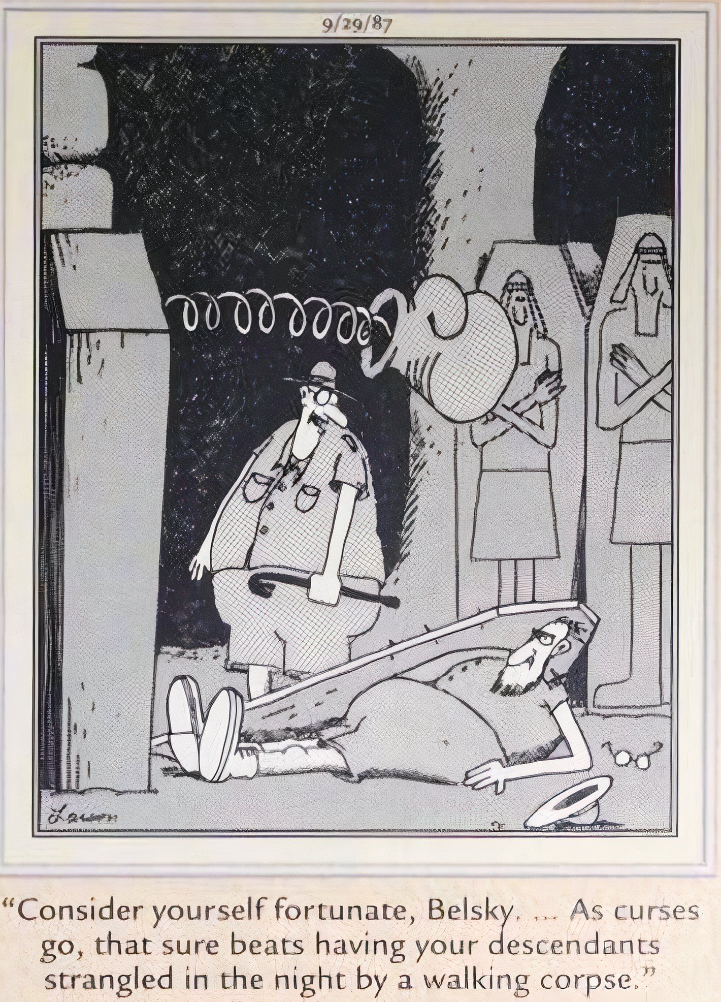 Far Side, September 29, 1987, archaeologist knocked out by spring-loaded boxing glove in sarcophagus