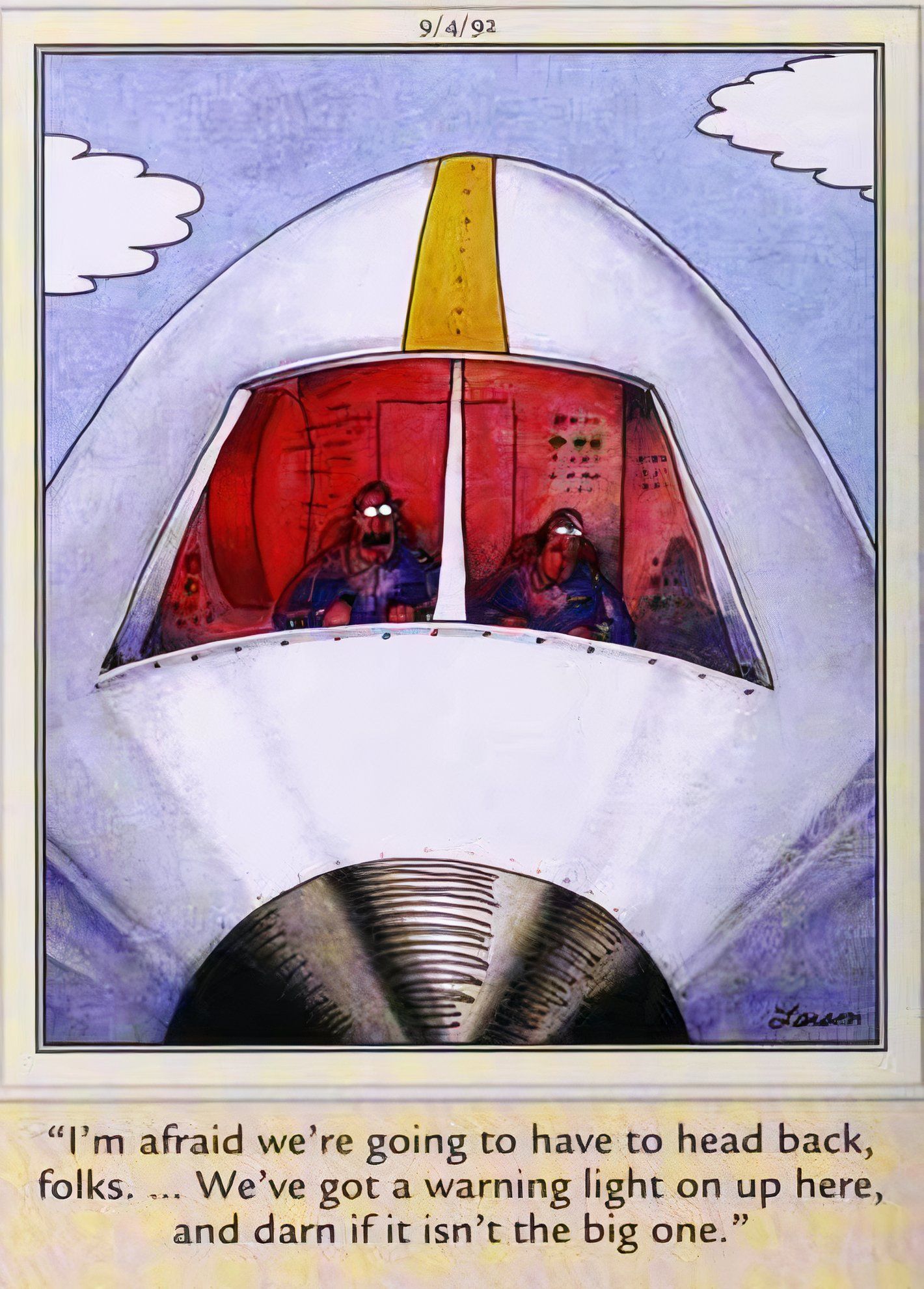 Far Side, 5 de setembro de 1991, os pilotos calmamente dizem aos passageiros que eles devem dar meia-volta enquanto a cabine se enche de uma luz vermelha ameaçadora