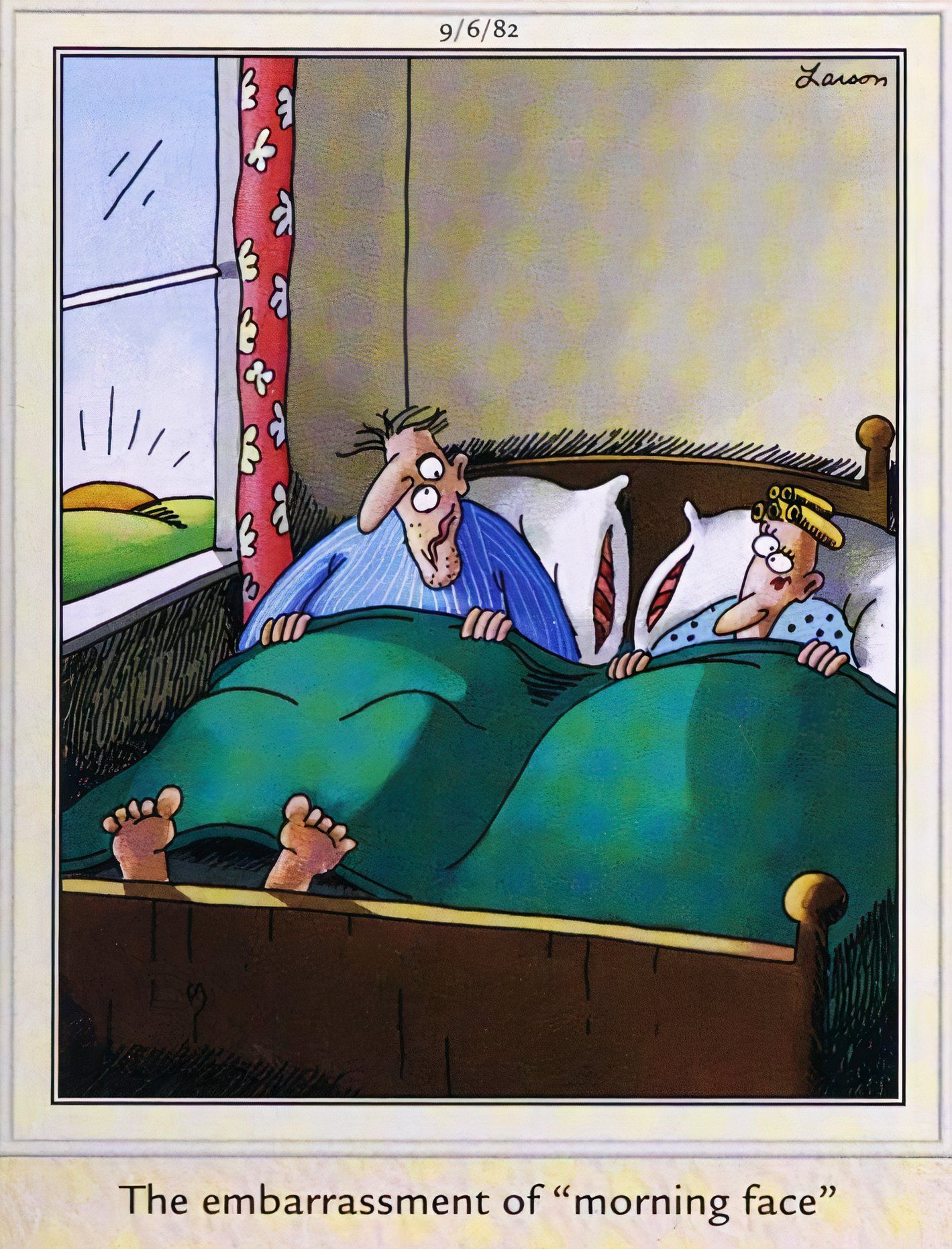 Far Side, September 6, 1982, couple in bed wake up with their faces all askew