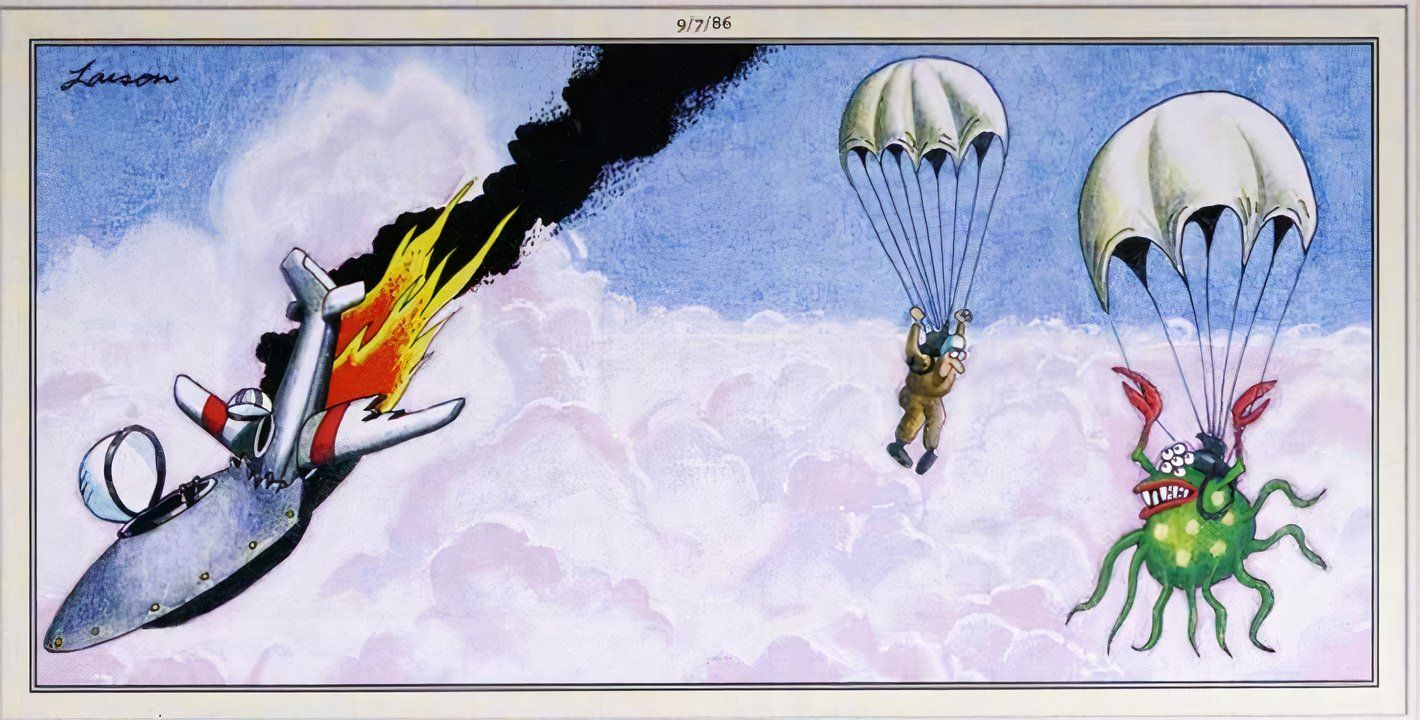 Far Side, 7 de setembro de 1986, pilotos humanos e alienígenas saltam de paraquedas após colisão de suas aeronaves