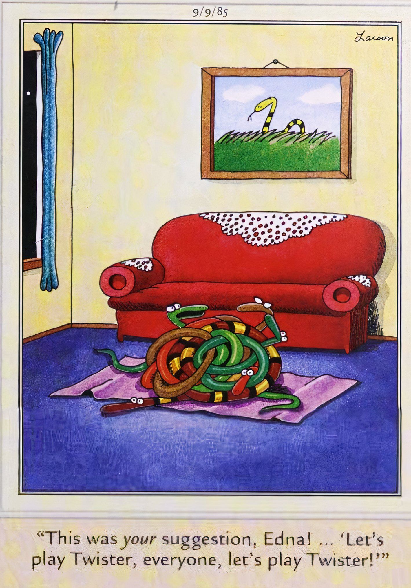 Far Side, September 9, 1985, snakes tangled in a pile after making the mistake of playing a game of twister