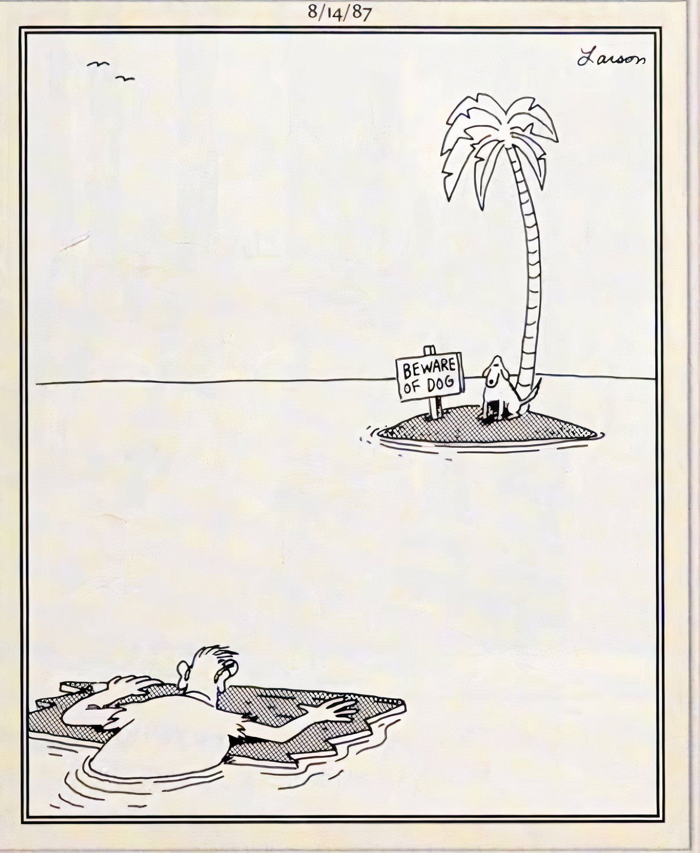 Far Side, shipwreck survivor paddles toward an island with a 'beware of dog' sign