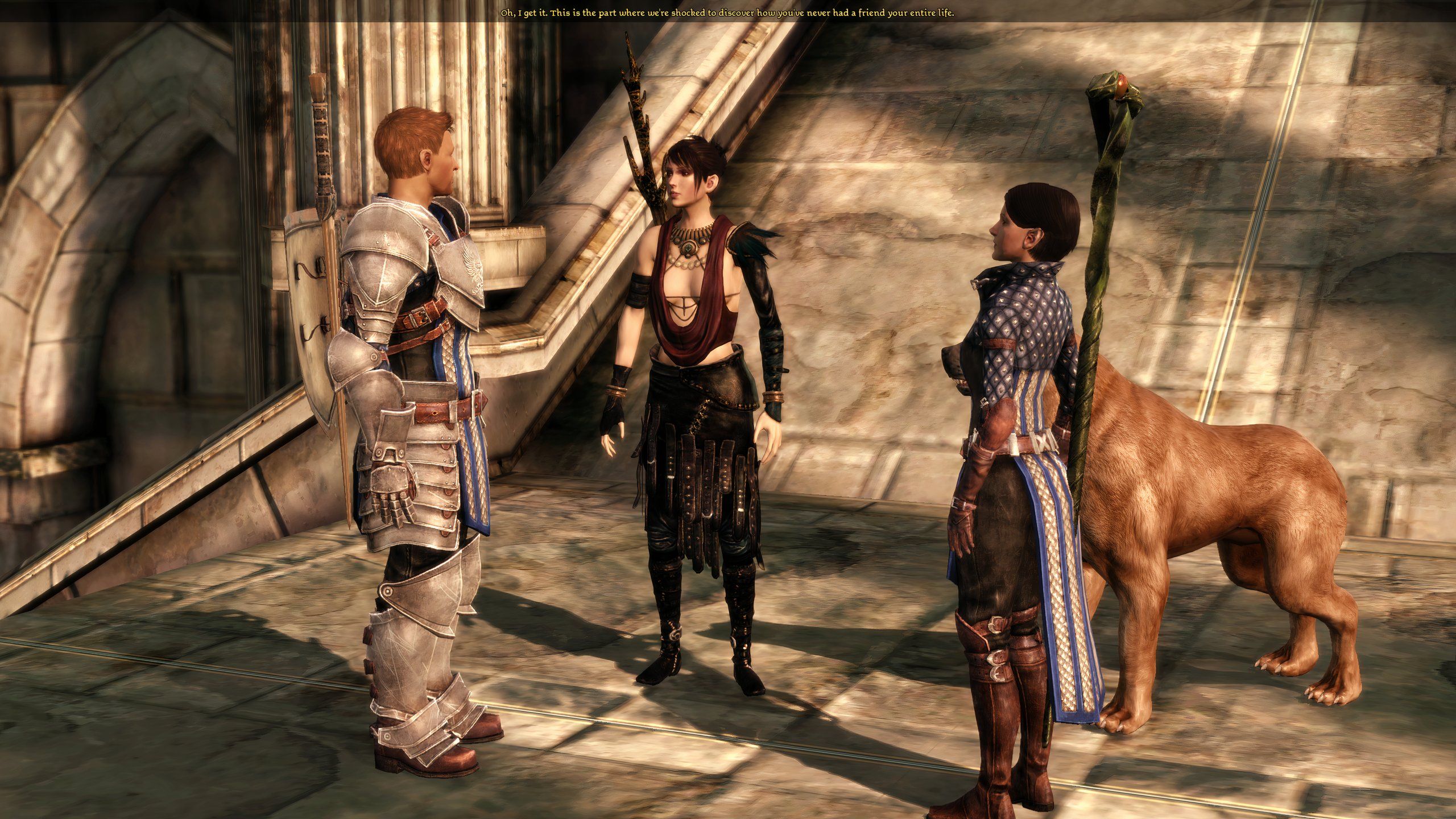 Female Elf Mage In Modded Grey Warden Mage Robes From Grey Wardens Of Ferelden Mod Talking To Alistair And Morrigan Near Lothering In Dragon Age Origins