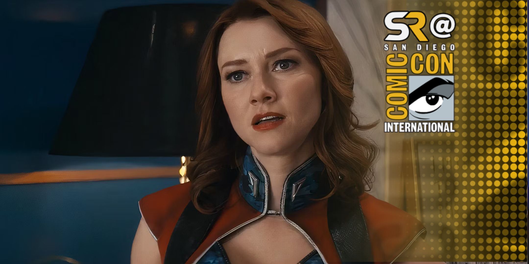 Firecracker with a vulnerable expression and the SDCC image to her right