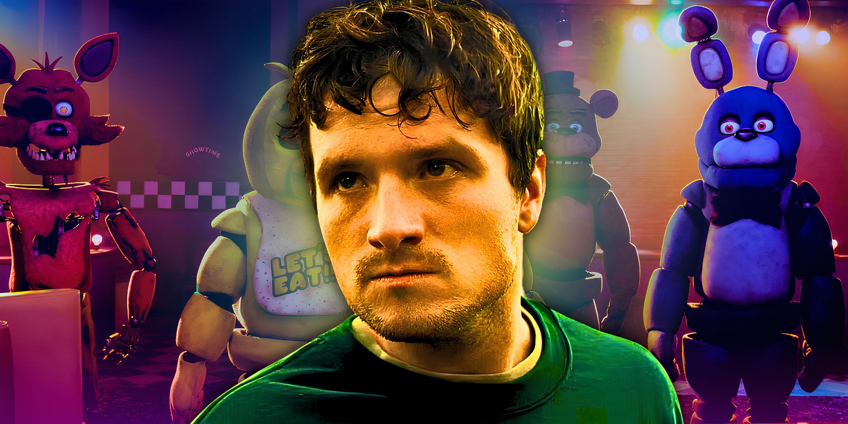 Josh Hutcherson as Mike looking distraught in the FNAF movie with the classic Five Nights at Freddy's animatronics looming behind him