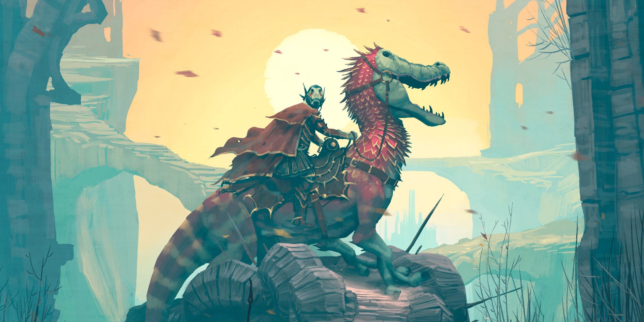 Cavalgando nas costas de uma criatura dracônica no TTRPG Forbidden Lands.