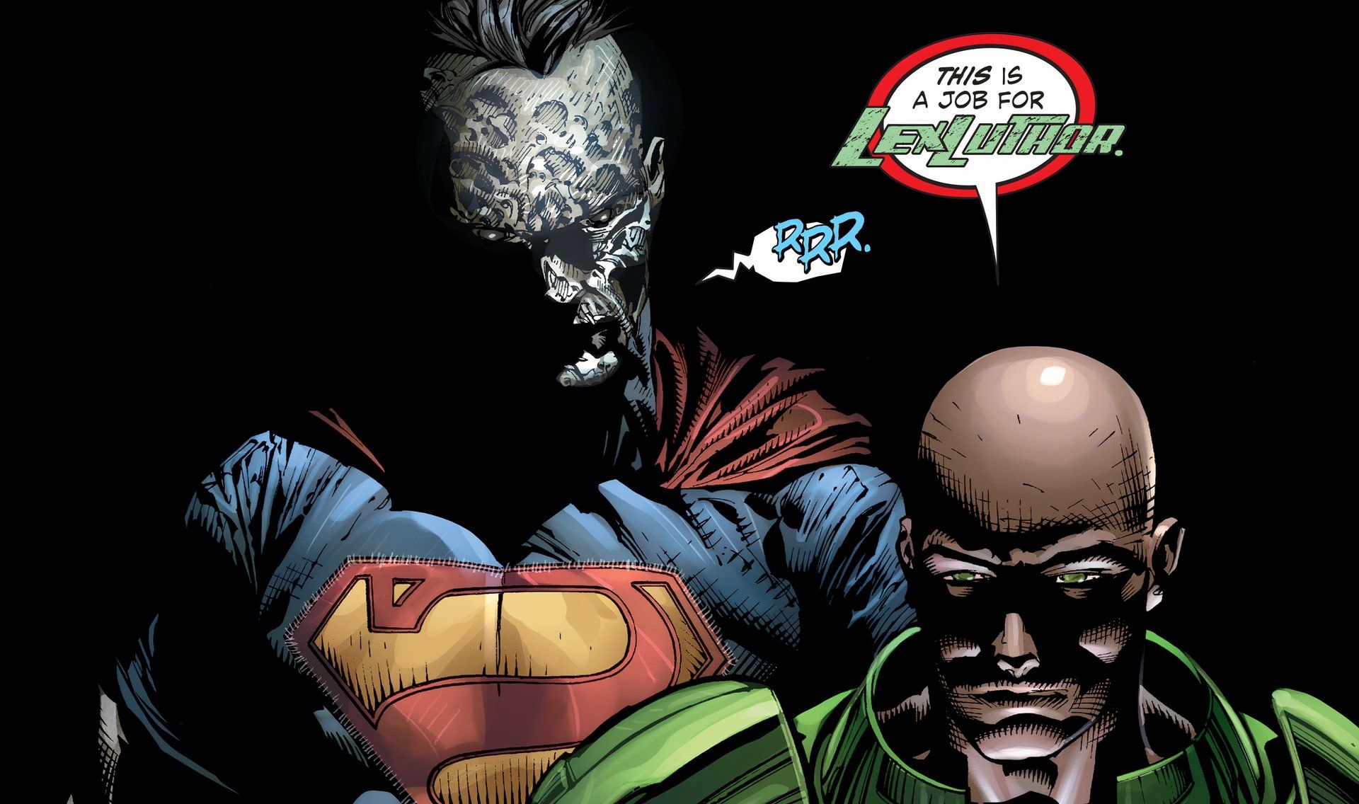 Lex Luthor declares that it is up to him to take down the Crime Syndicate, Bizarro behind him in presumed agreeance. 