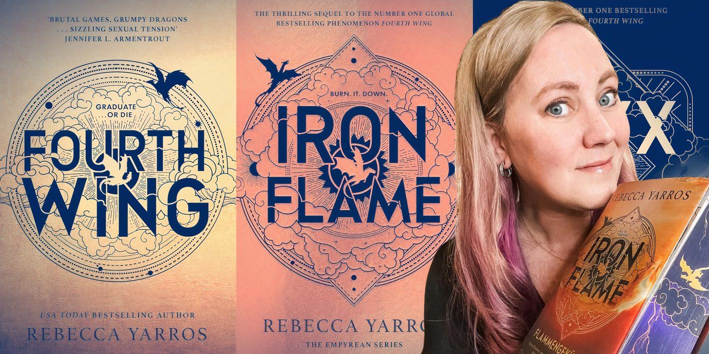 Imagen compuesta de Rebecca Yarros sosteniendo una copia de Iron Fire frente a un collage de portadas de libros de la serie Empyrean.