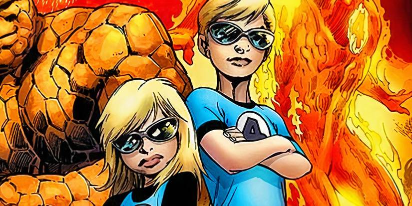 Franklin and Valeria Richards with Ben Grimm and Johnny Storm in Marvel Comics