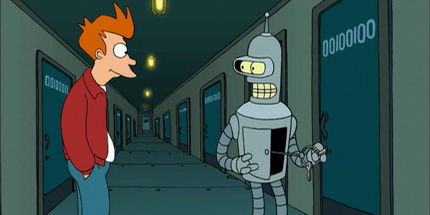 Fry y Bender afuera de su departamento en Futurama