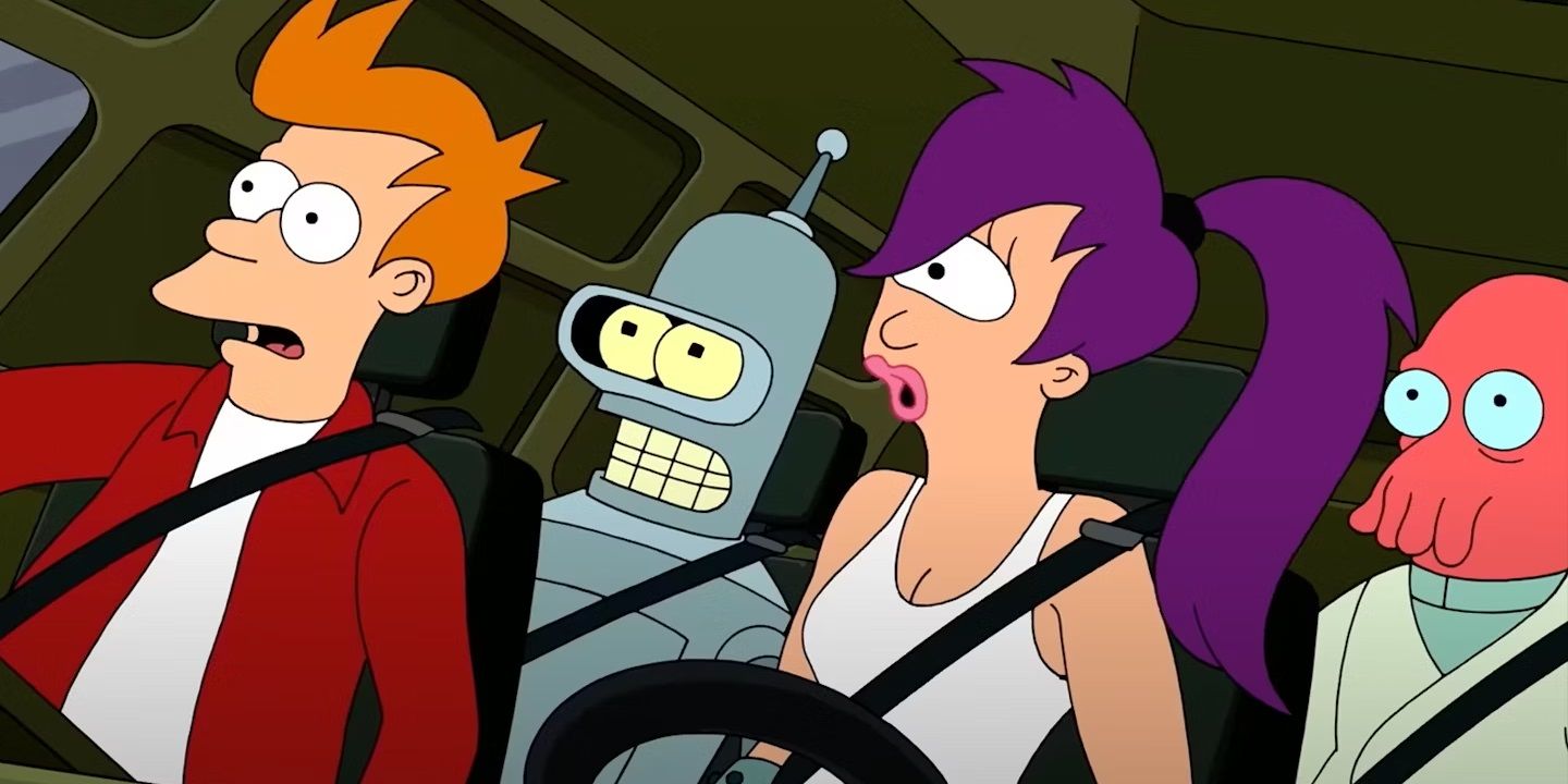 Fry, Leela, Bender y Zoidberg en el Planet Express en Futurama