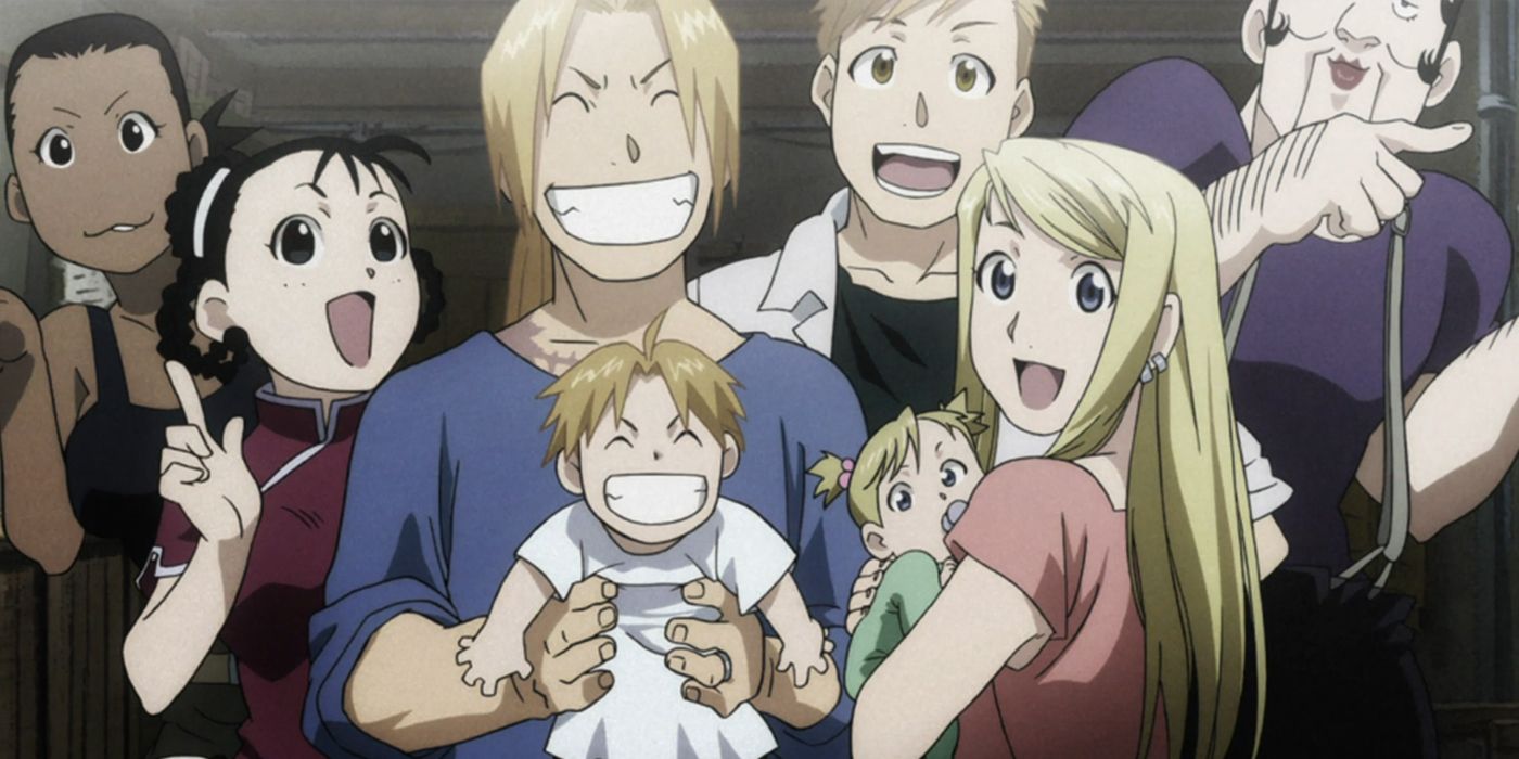 Ed and Winry hold their children, as Alphonse, Mei, Paninya, and Garfiel stand behind them.