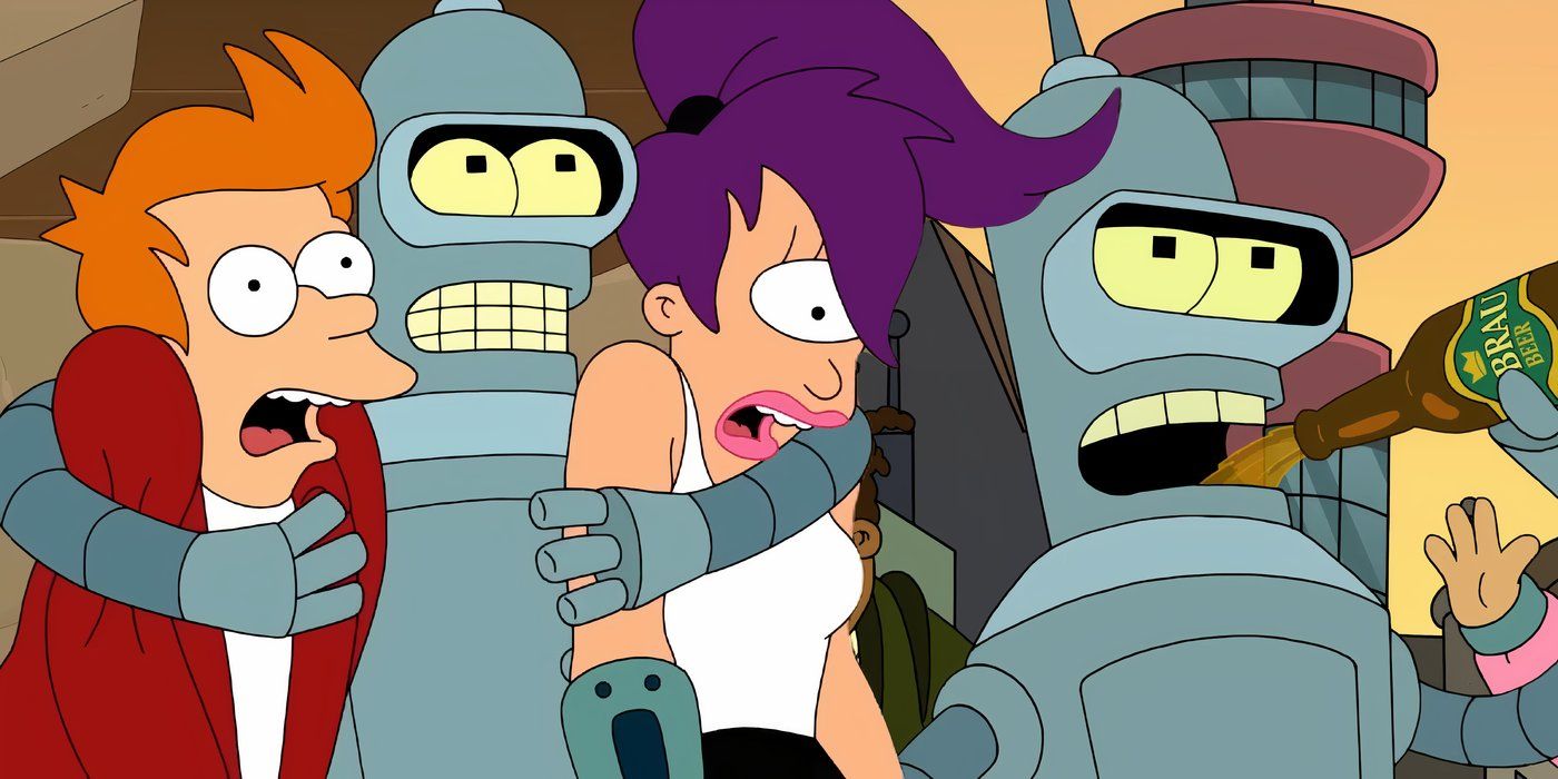 A composite image of Bender hugging Leela and Fry too tightly with Bender chugging a beer in Futurama