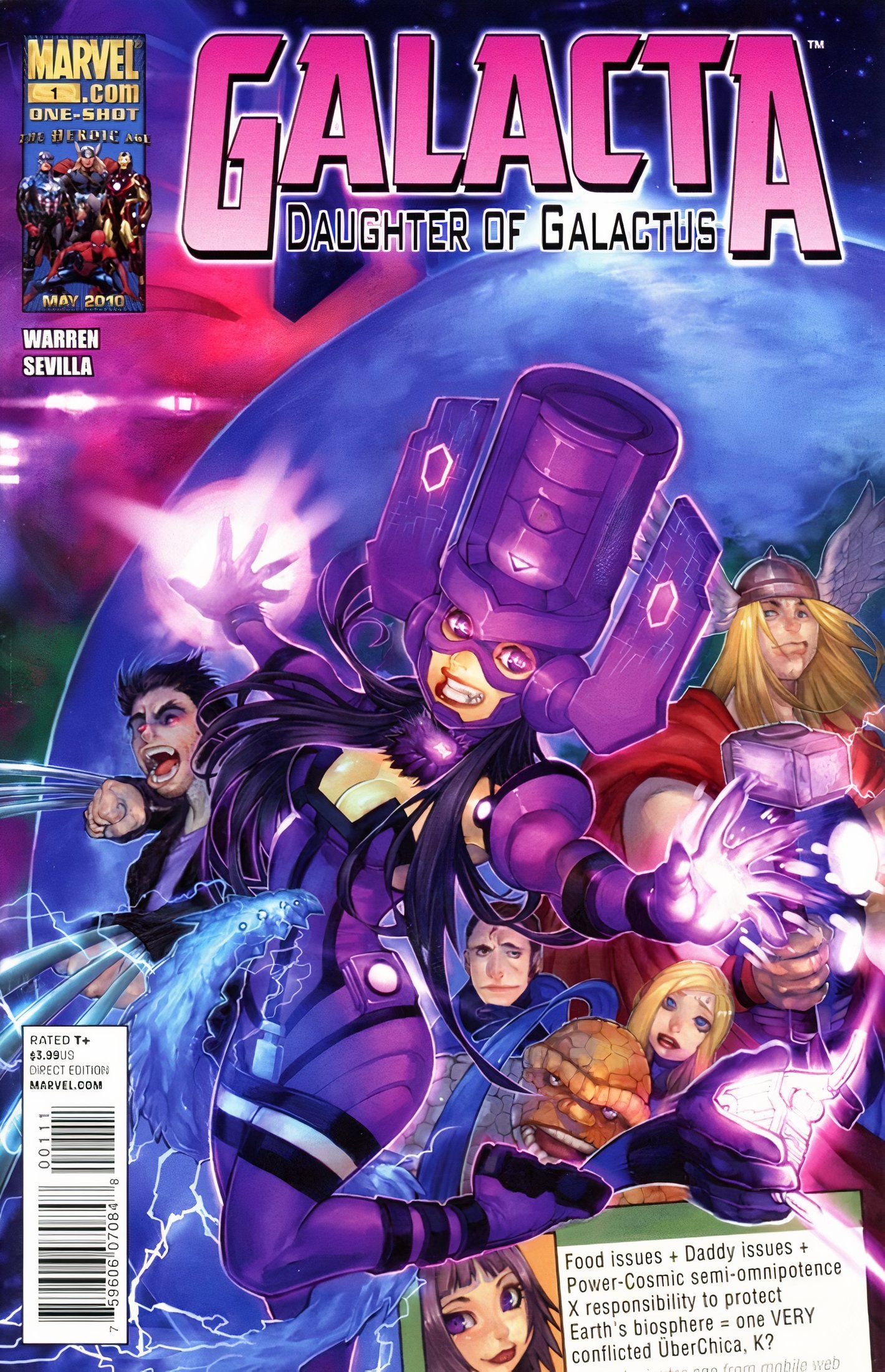 Cover von Galacta Daughter of Galactus #1 mit Galacta, umgeben von Wolverine, Thor, den Fantastischen Vier und anderen Helden.