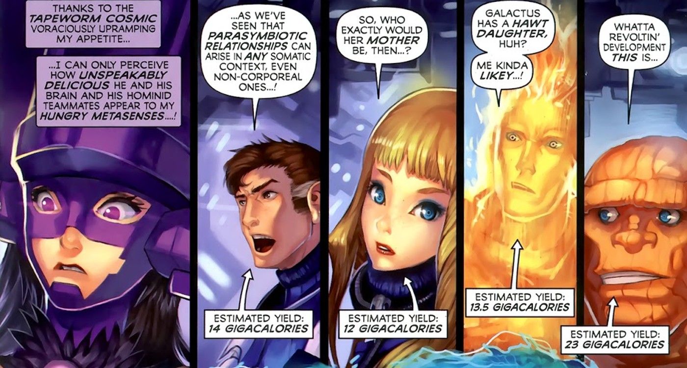 Galactus, daughter of Galactus, is distracted by Reed Richards' brain.