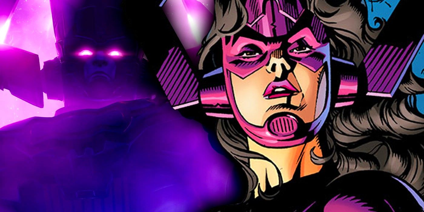 Galactus (izquierda, fondo) estaba envuelto en oscuridad, y su hija (derecha, primer plano) estaba erguida frente a él.