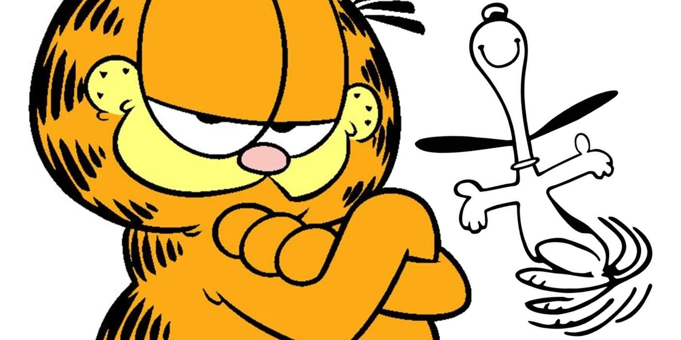 garfield looking smug as snoopy dances