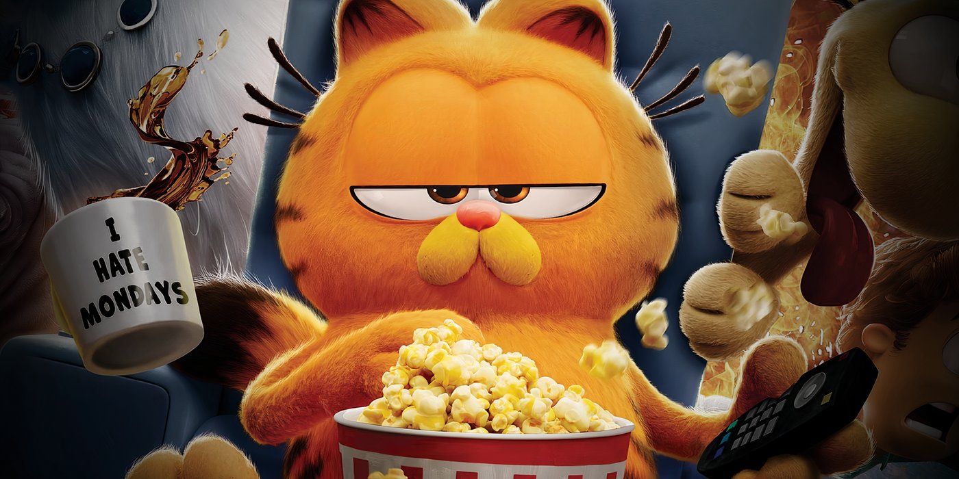 Garfield sitzt auf einem Kinosessel mit einem Popcorn-Poster