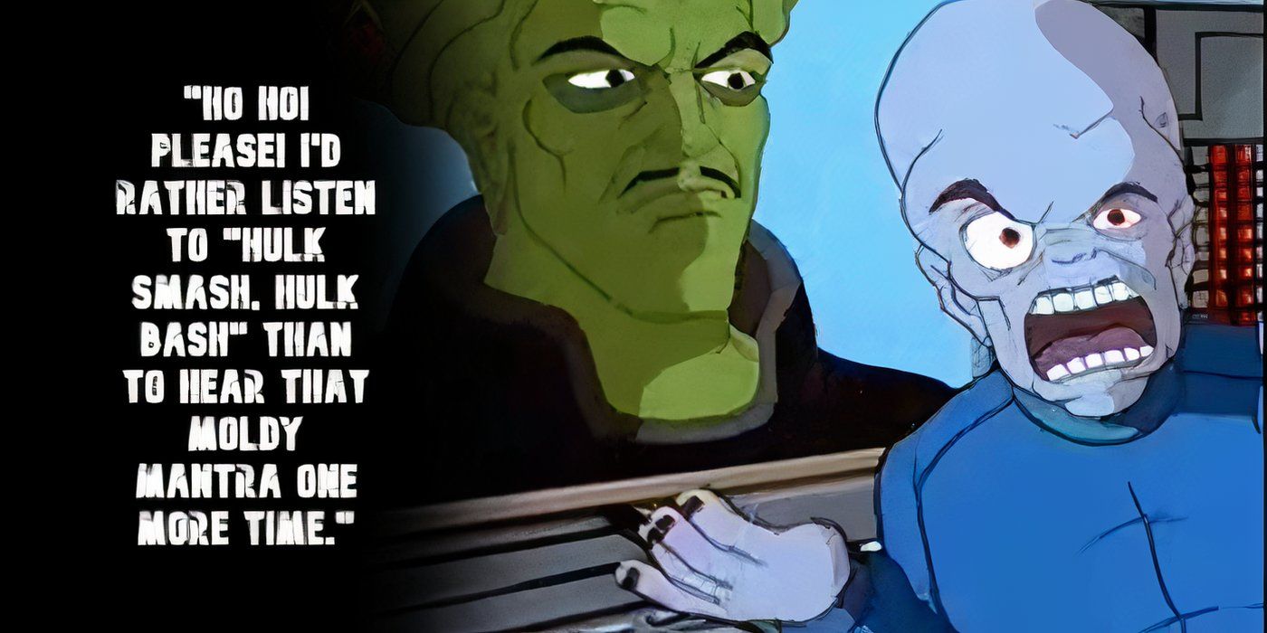 Citação de gárgula com o líder ao fundo em O Incrível Hulk, a série animada