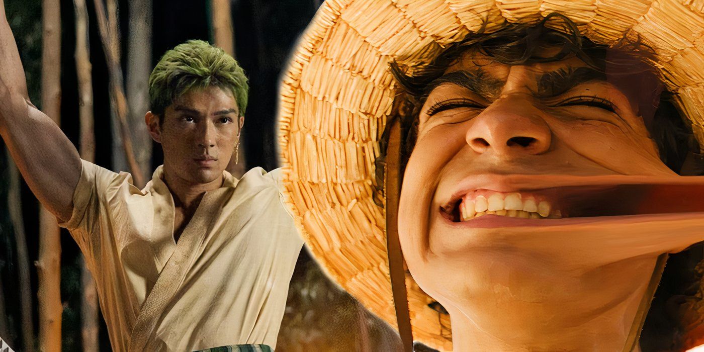 Zoro raising his swords into the air next to Luffy stretching his mouth in the live-action One Piece