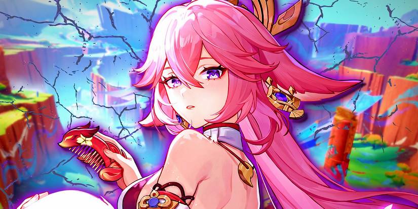 Genshin Impact's Yae Miko combs her tail and looks backward with Natlan in the background.
