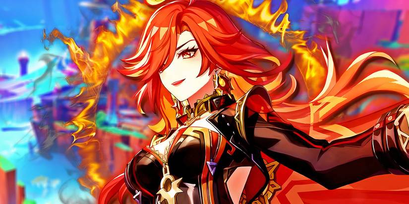 Genshin Impact's Mavuika smiles and opens her arms, with a ring of fire in the background.