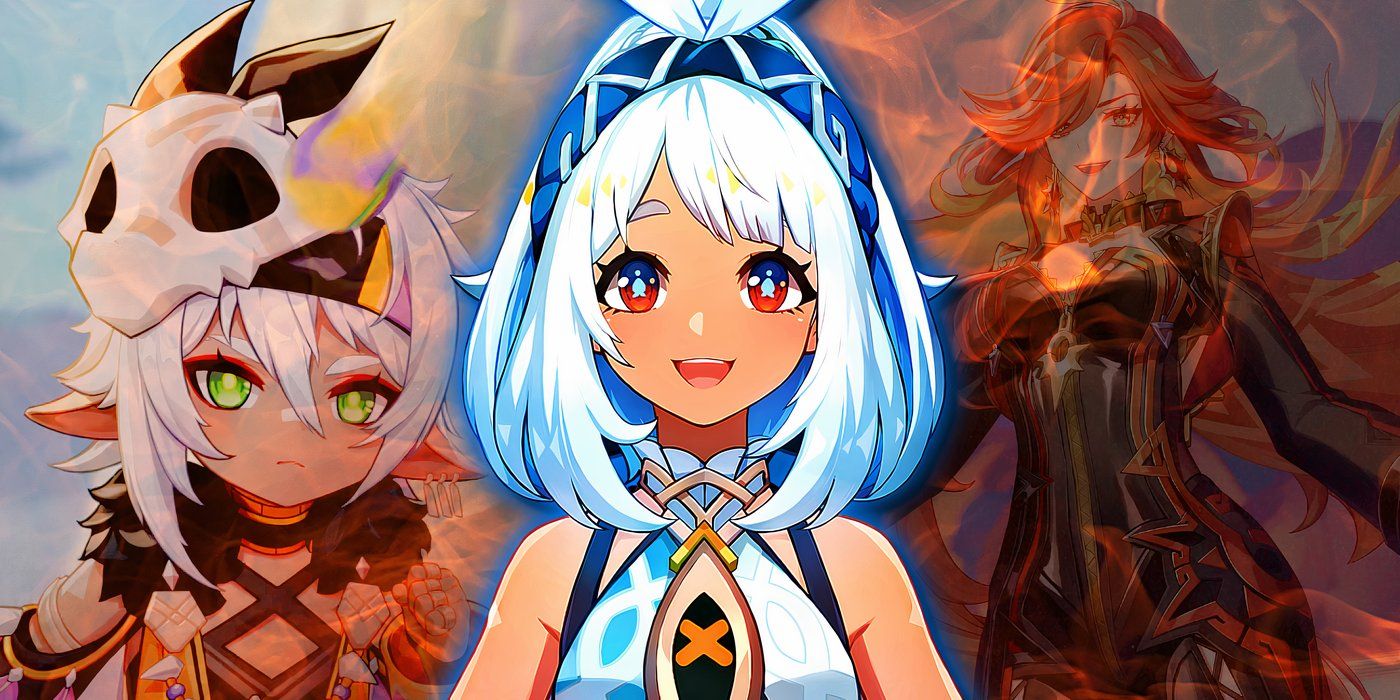 Mualani from Genshin Impact is smiling in the middle, while Iansan and Mavuika are covered in flames in the background.