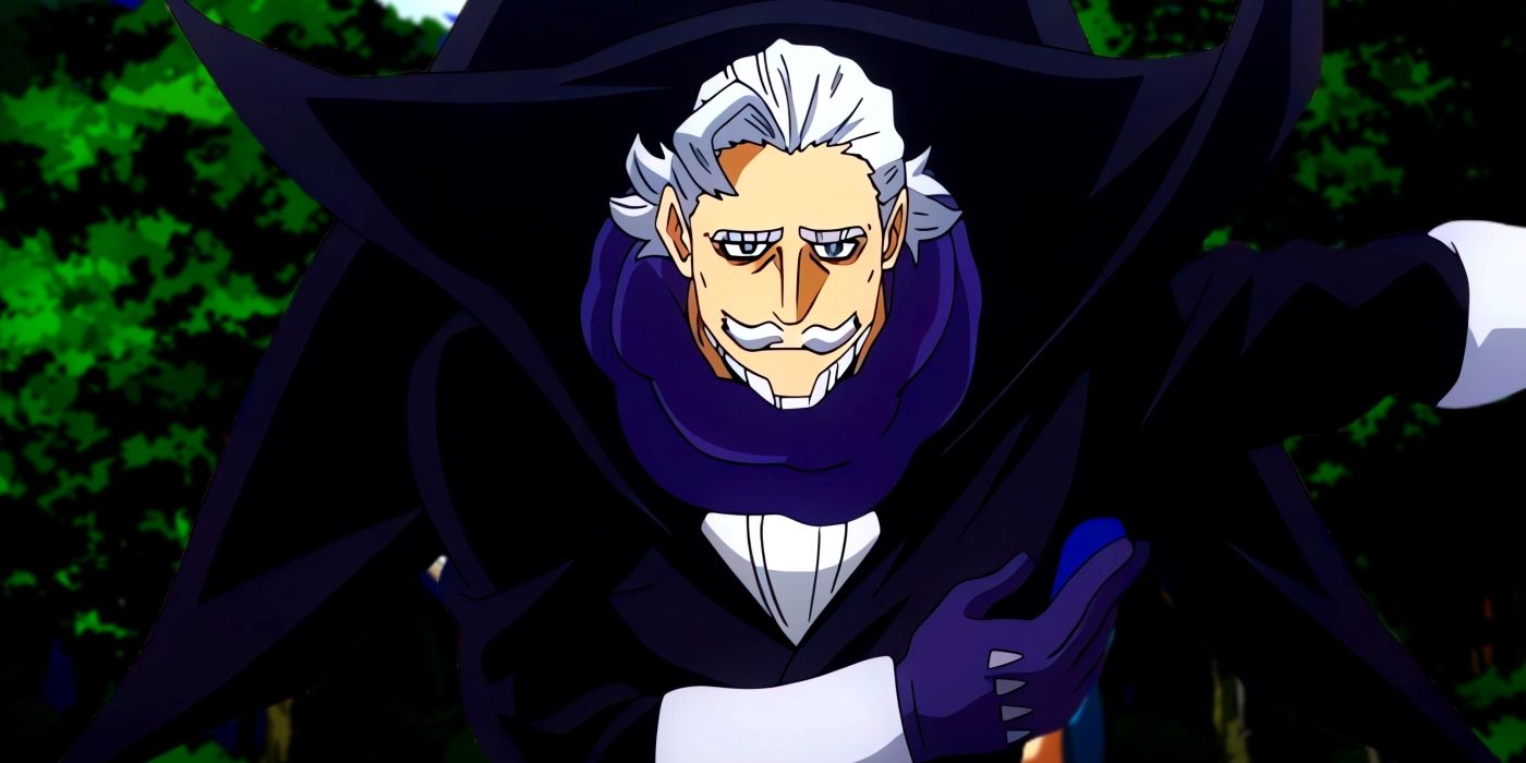 Gentle Criminal bowing while wearing his Villain outfit. Behind him, the forest where he fought with Izuku can be seen.