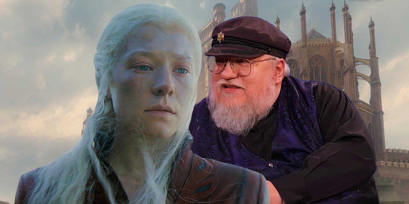 George RR Martin olhando para Emma D'Arcy como Rhaenyra Targaryen enquanto eles estão em frente à Fortaleza Vermelha na imagem personalizada da Casa do Dragão