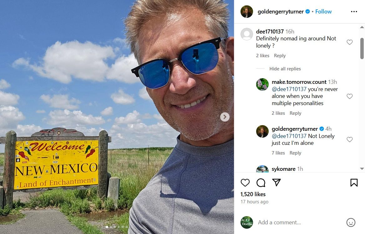 Postagem no Instagram da estrela de Golden Bachelor, Gerry Turner, mostrando-o sorrindo na frente de um "Bem-vindo ao Novo México" sinal.