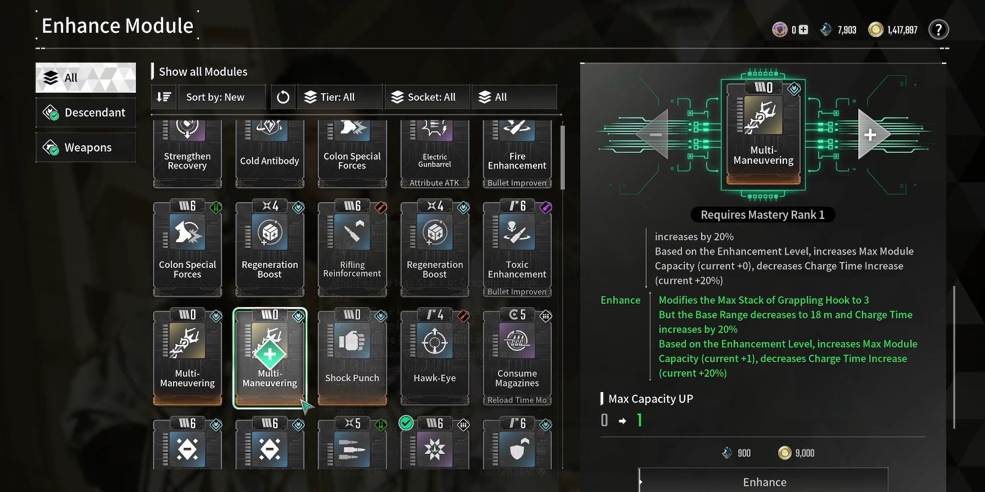 A tela de Módulos de Aprimoramento no Primeiro Descendente mostrando os novos bônus de nível.