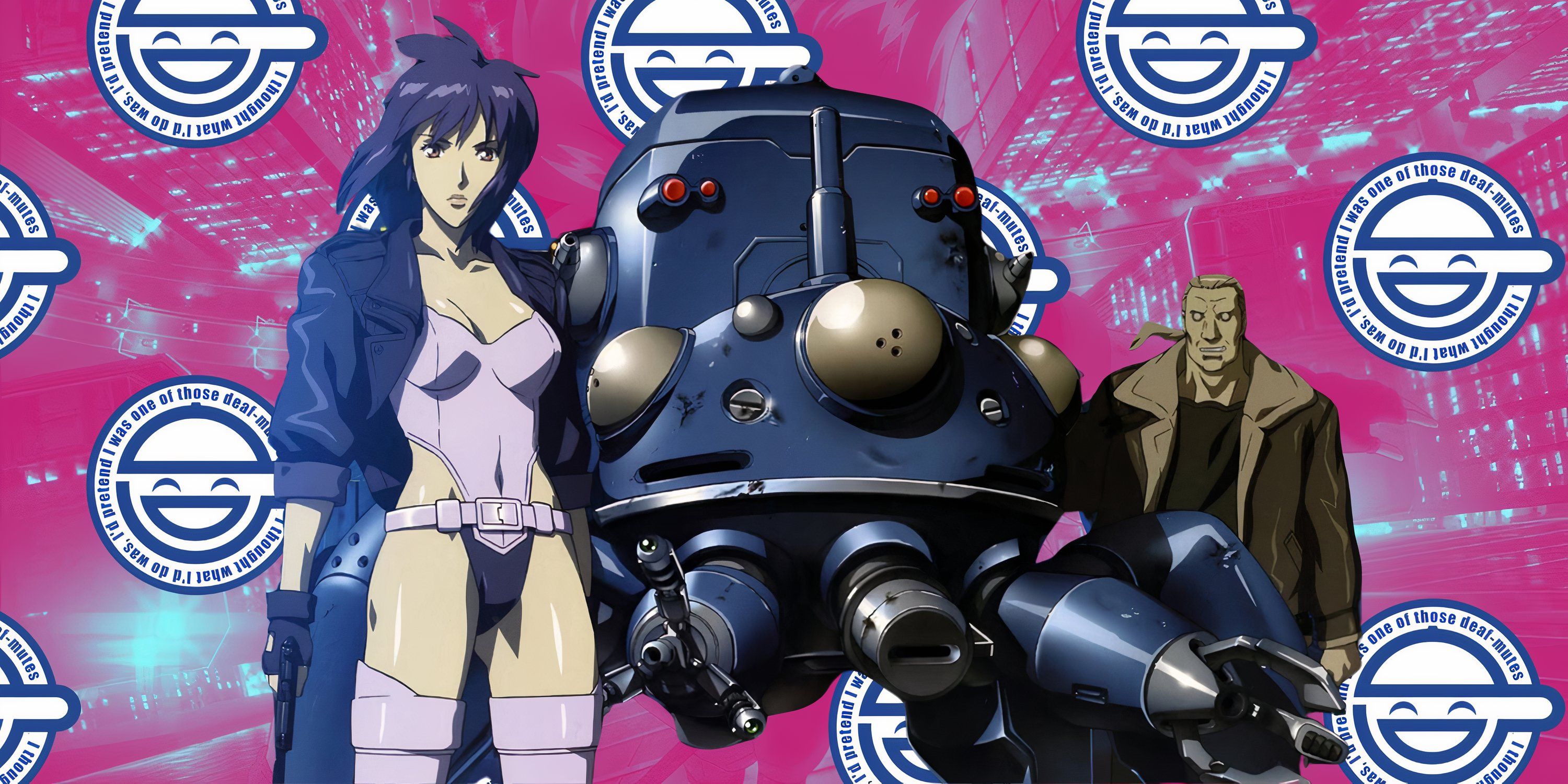 Major Motoko Kusanagi está com Batou e um Tachikoma diante de um fundo rosa adornado com o logotipo do Laughing Man.