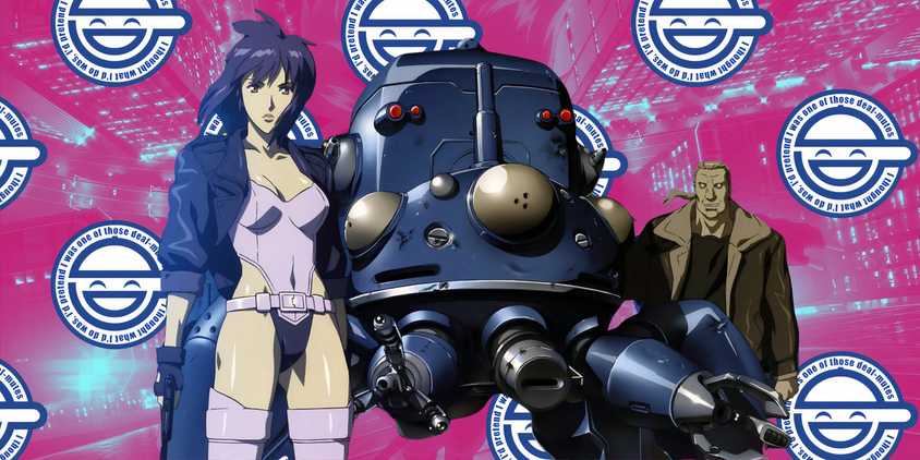 Major Motoko Kusanagi stands with Batou and a Tachikoma before a pink background adorned with the Laughing Man logo.