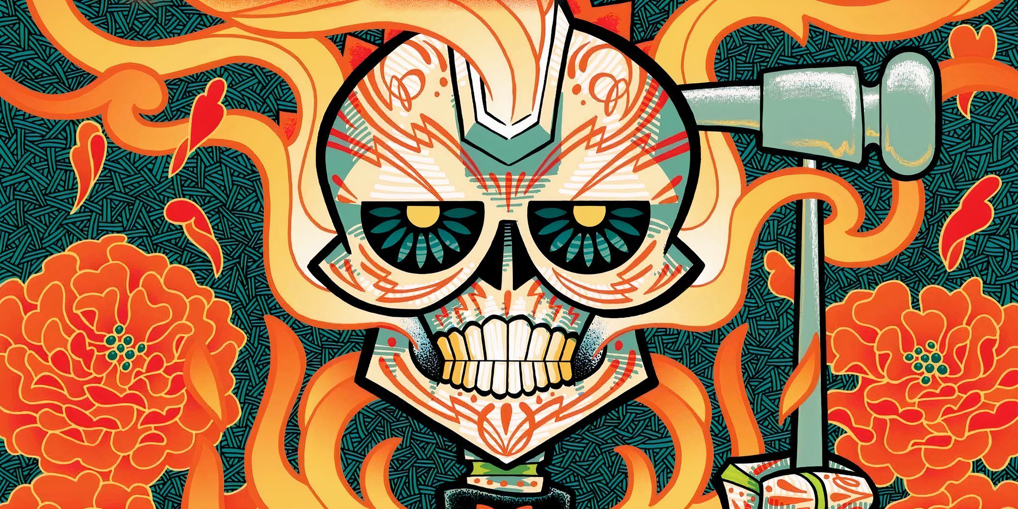 Arte variante de la calavera de caramelo de Ghost Rider de J, Gonzo, primer plano, rodeado de llamas y flores estilizadas.