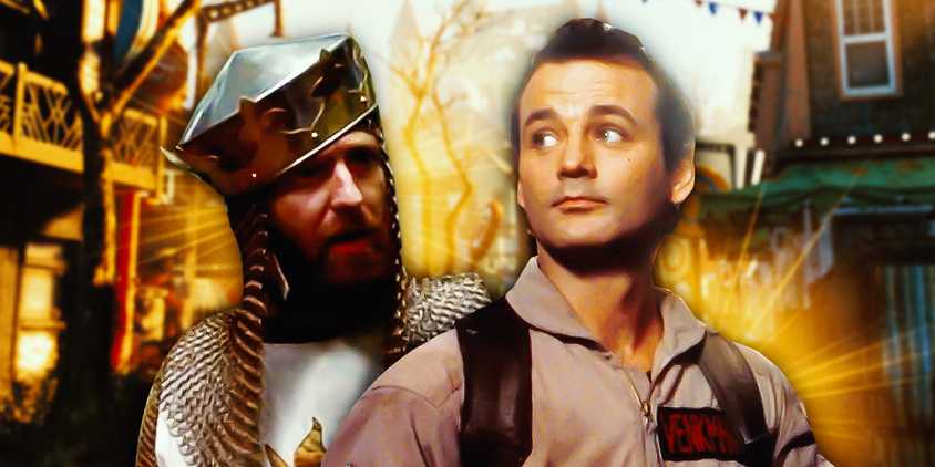 Bill Murray in Ghostbusters and Graham Chapman in Monty Python and the Holy Grail in front of ruined Boston from Fallout 4.