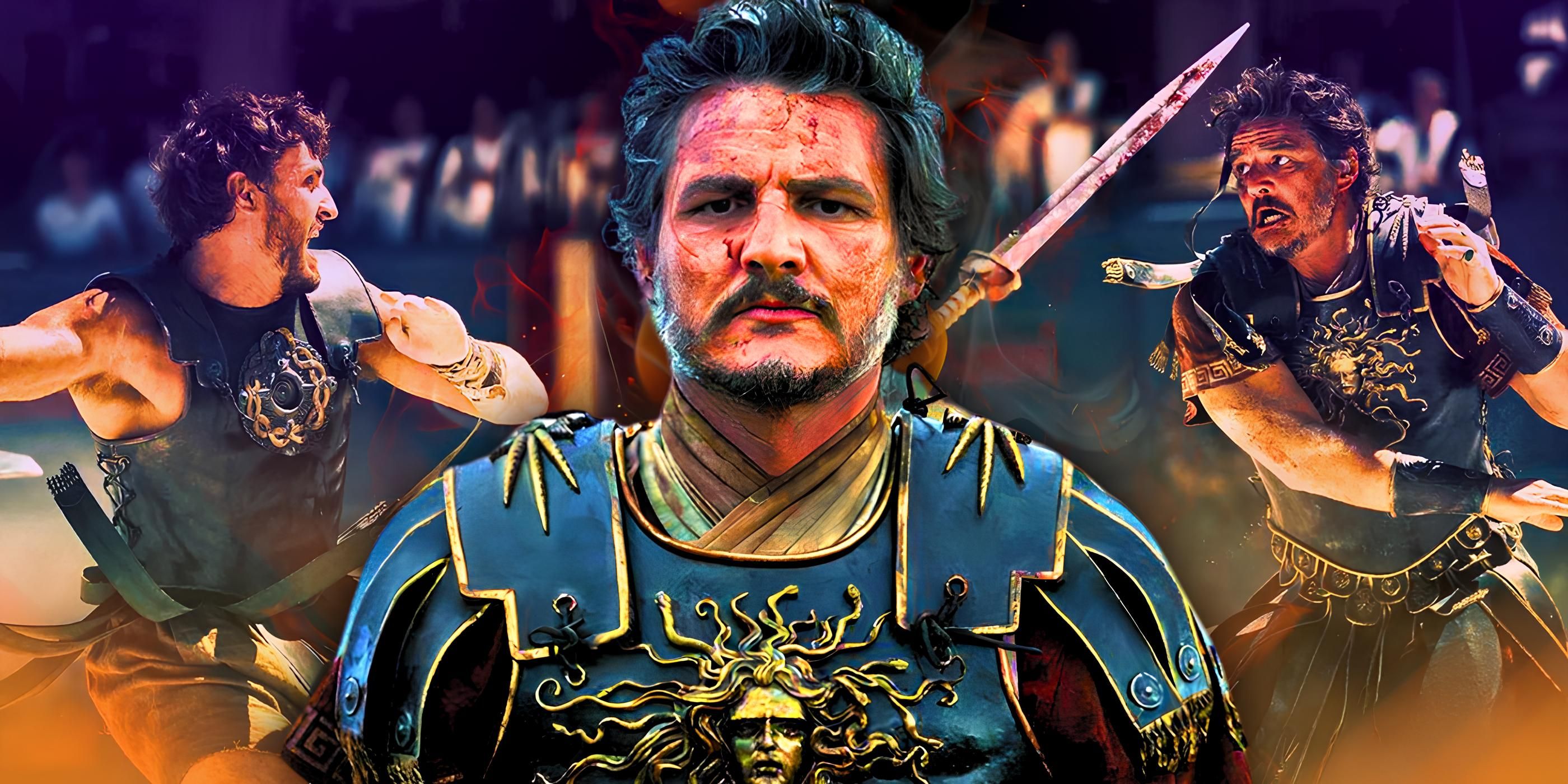 A composite image of Pedro Pascal looking on with blood on his face in front of Pascal fighting Paul Mescal in the arena in Gladiator 2