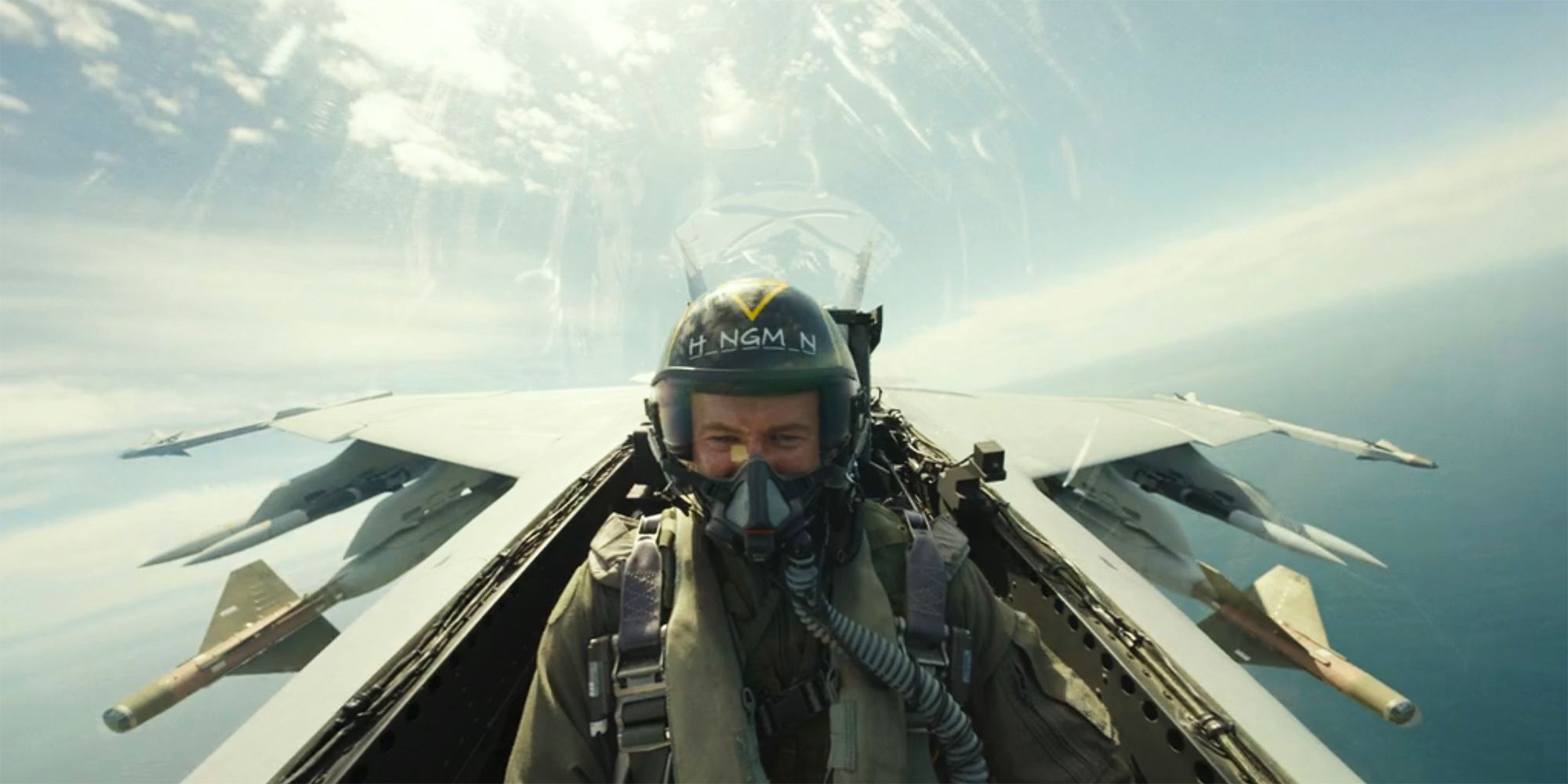 Glen Powell flying an F-18 as Hangman in Top Gun Maverick