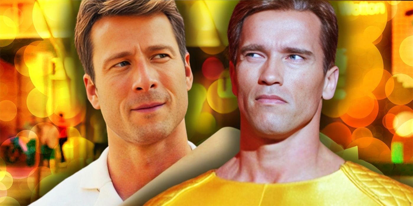 Glen Powell next to Arnold Schwarzenegger from The Running Man