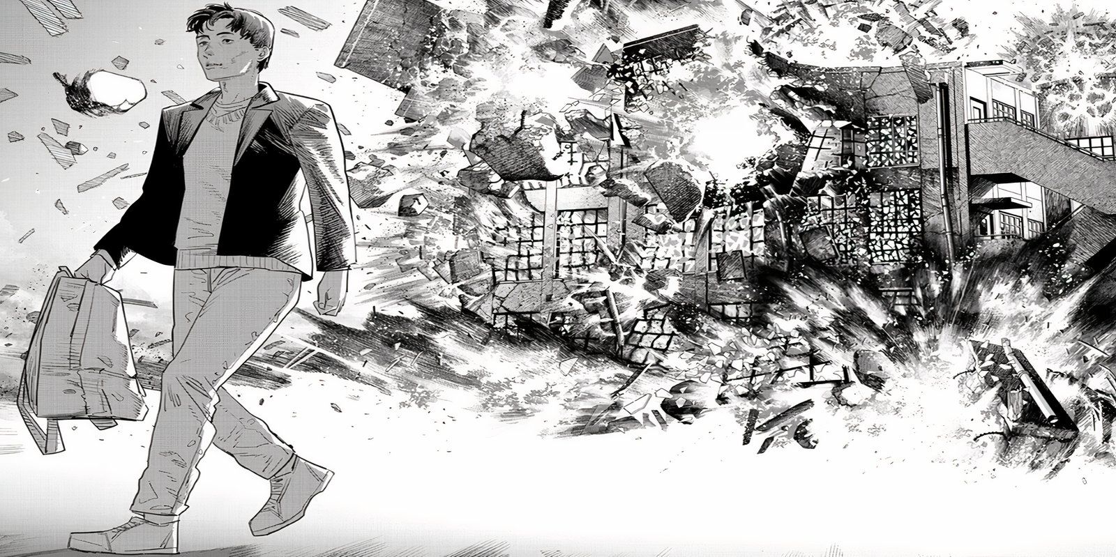 A página final de Goodbye, Eri com Yuta se afastando das explosões