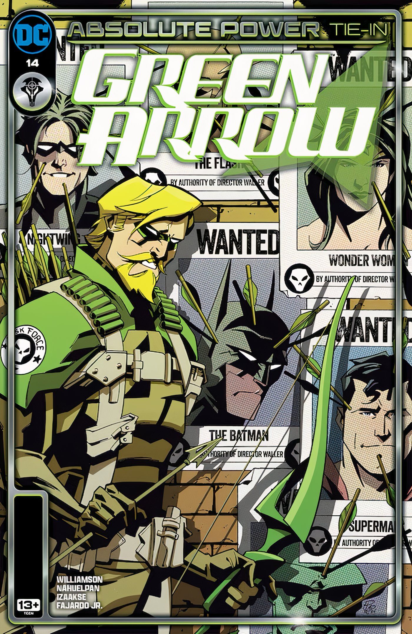 Capa do Arqueiro Verde 14 com Oliver mirando em seus amigos DC