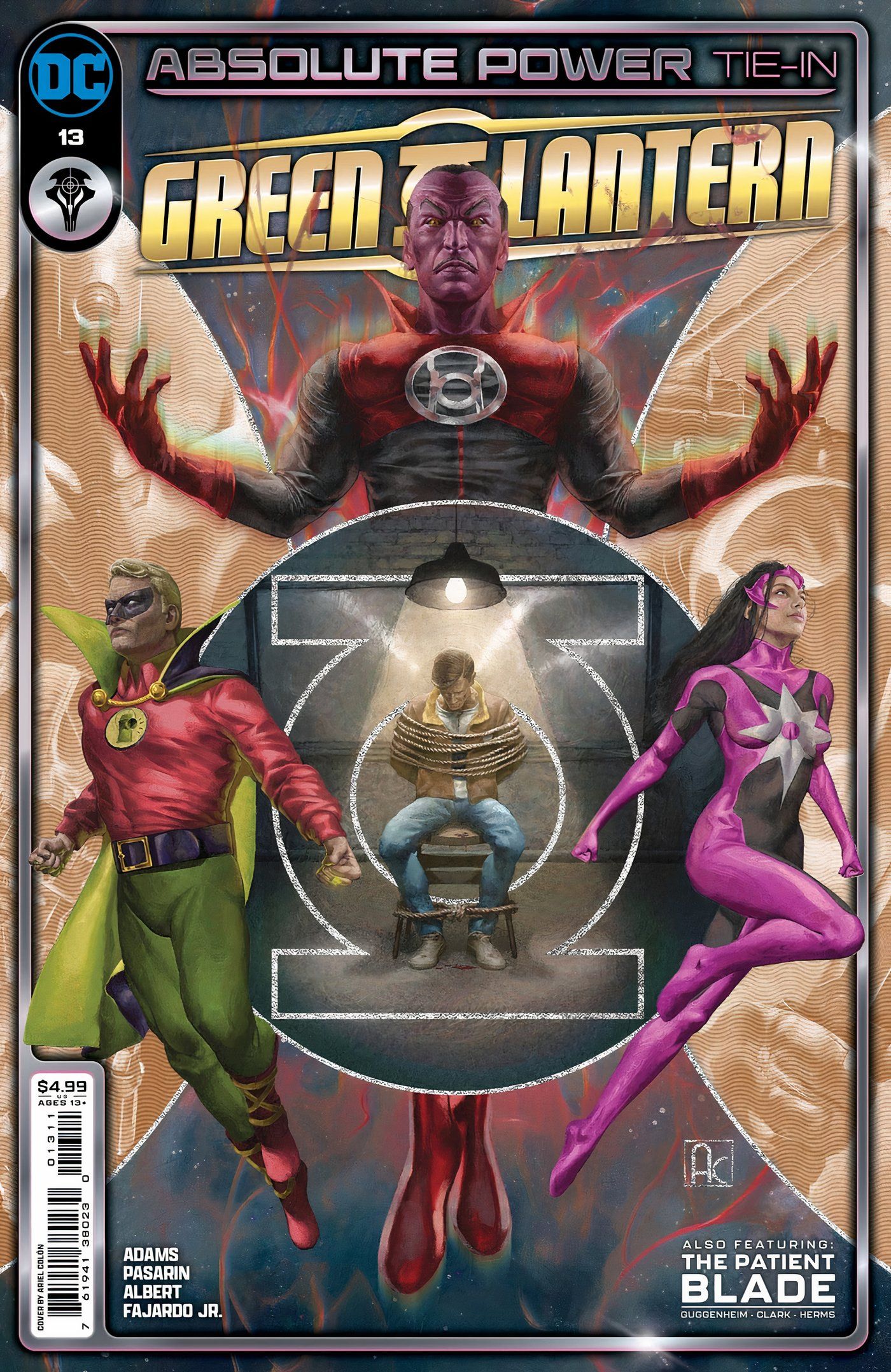 Portada principal de Green Lantern 13: Sinestro se encuentra junto a Hal Jordan, Alan Scott y Star Sapphire capturado.