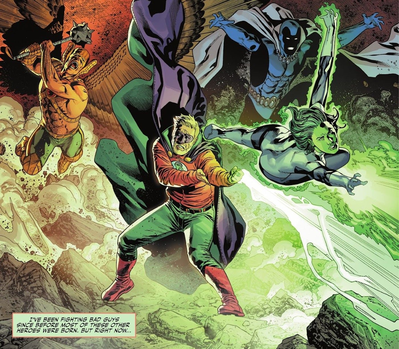 Comic book panel: Green Lantern Alan Scott fights with the Justice Society.