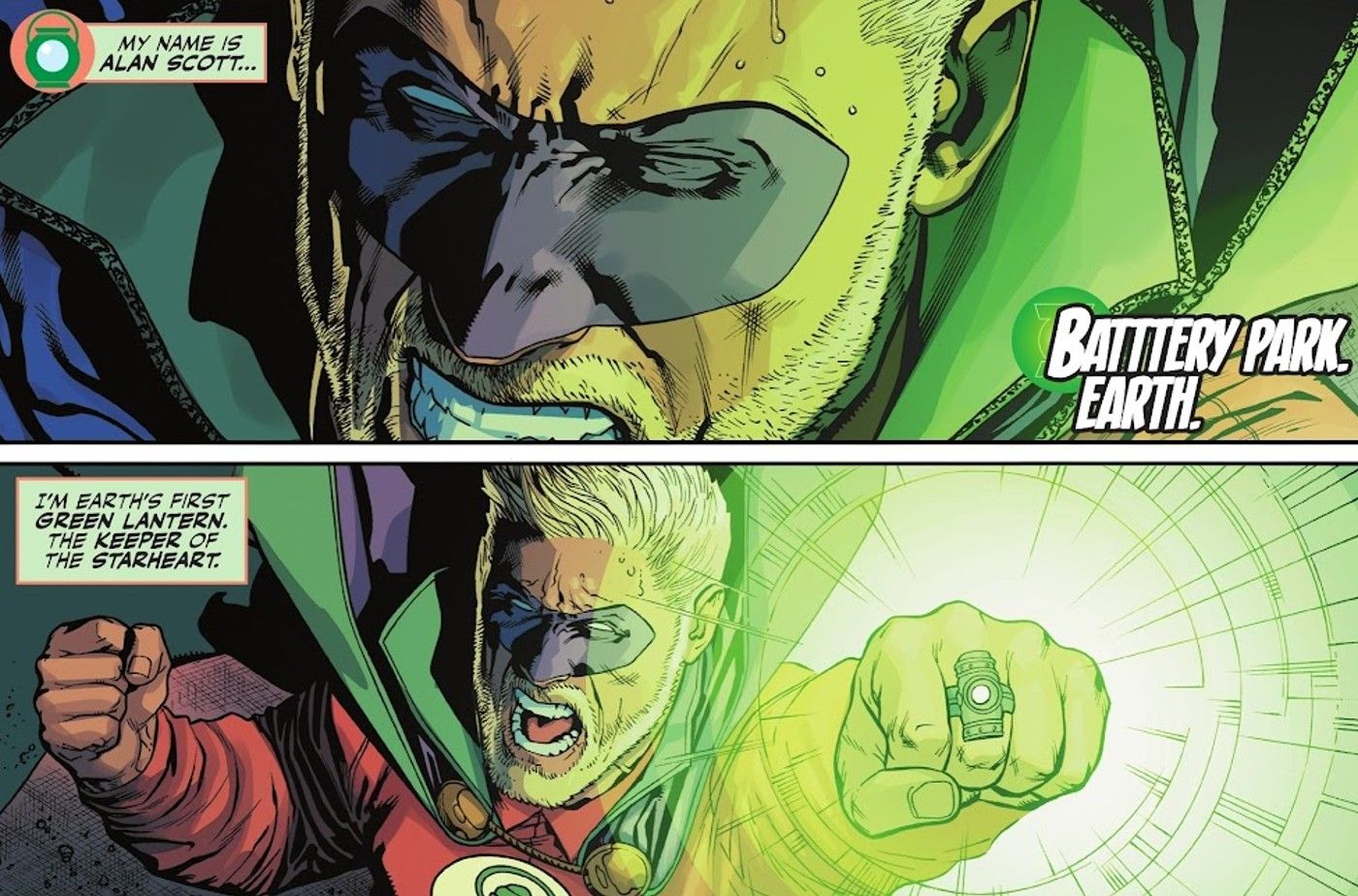 Comic book panels: Green Lantern Alan Scott extends his glowing ring.