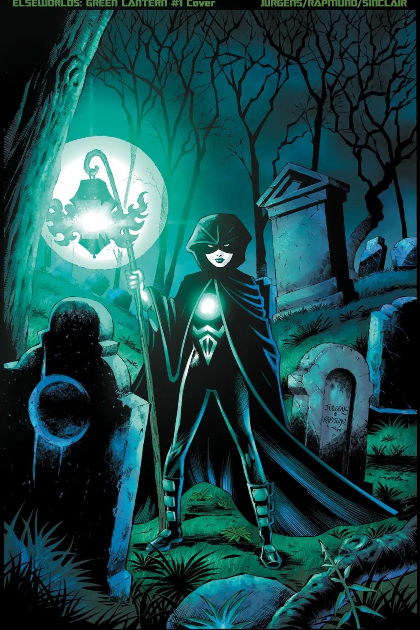 Capa da variante Jurgens do Lanterna Verde Sombrio 1: Rina Mori usando sua lanterna em um cemitério.