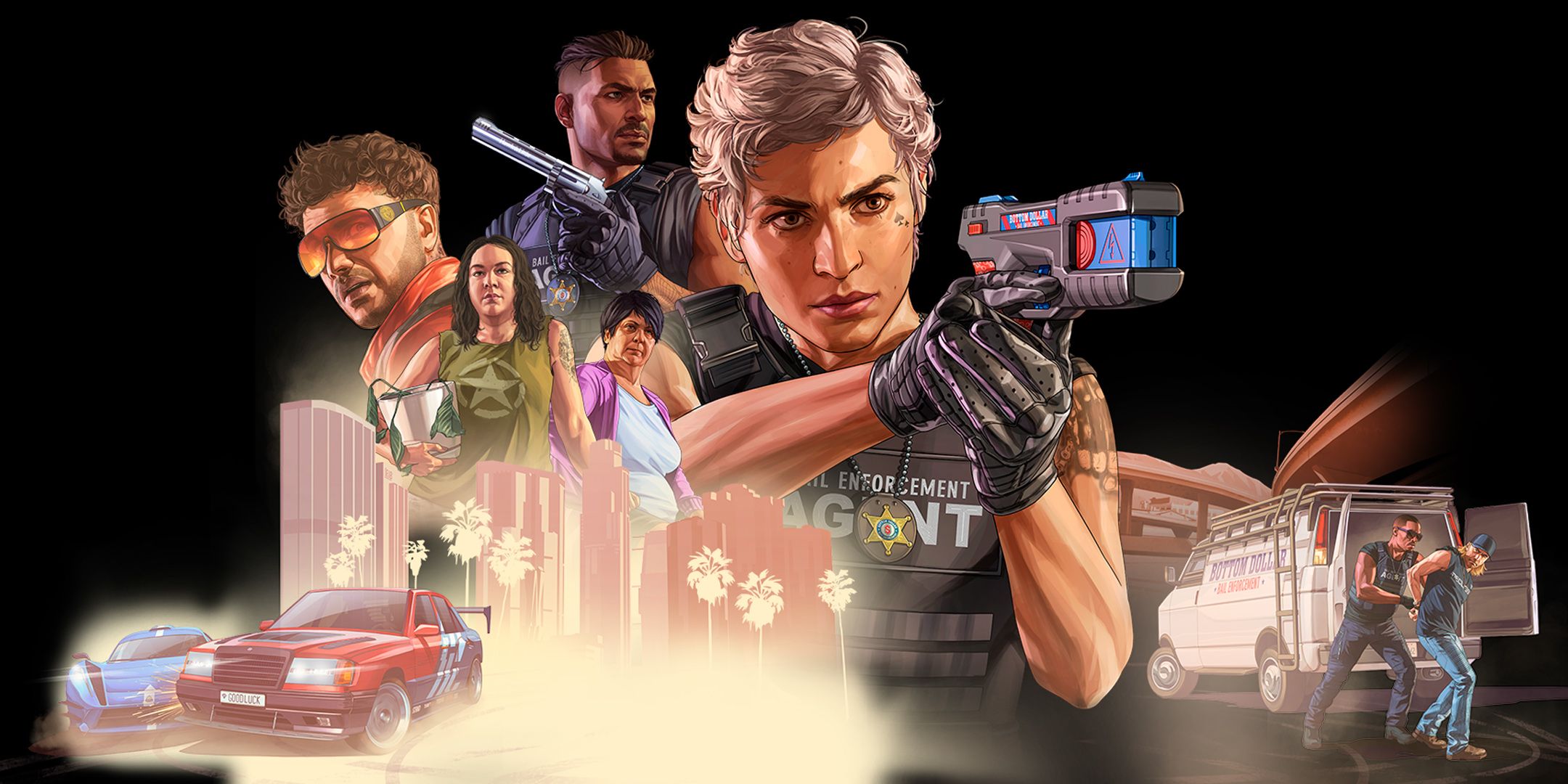 Artwork for the GTA Online content update Bottom Dollar Bounties showing a cop pointing a taser.