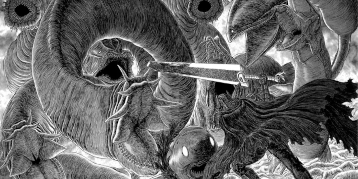 Guts fighting against the Sea God's tentacles in Berserk