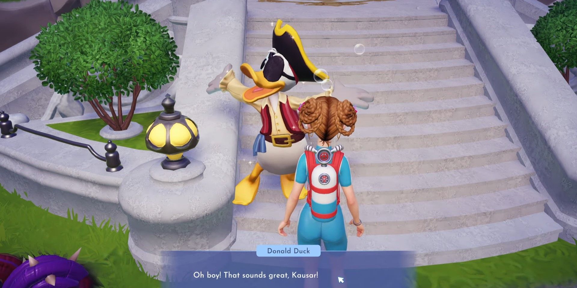 Donald conversando com o jogador no Disney Dreamlight Valley